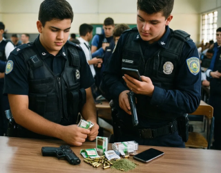 Adolescentes s�o apreendidos com drogas e arma a caminho da escola
